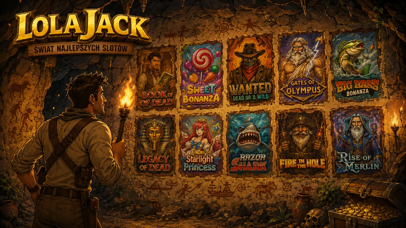 Lola Jack Kasyno — ściana jaskini z plakatami najpopularniejszych slotów: Book of Dead, Sweet Bonanza, Wanted Dead or a Wild, Gates of Olympus, Big Bass Bonanza